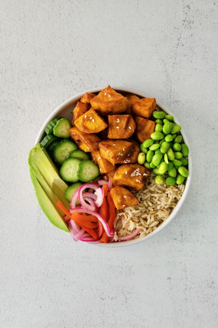 Overhead view of a sweet potato bowl