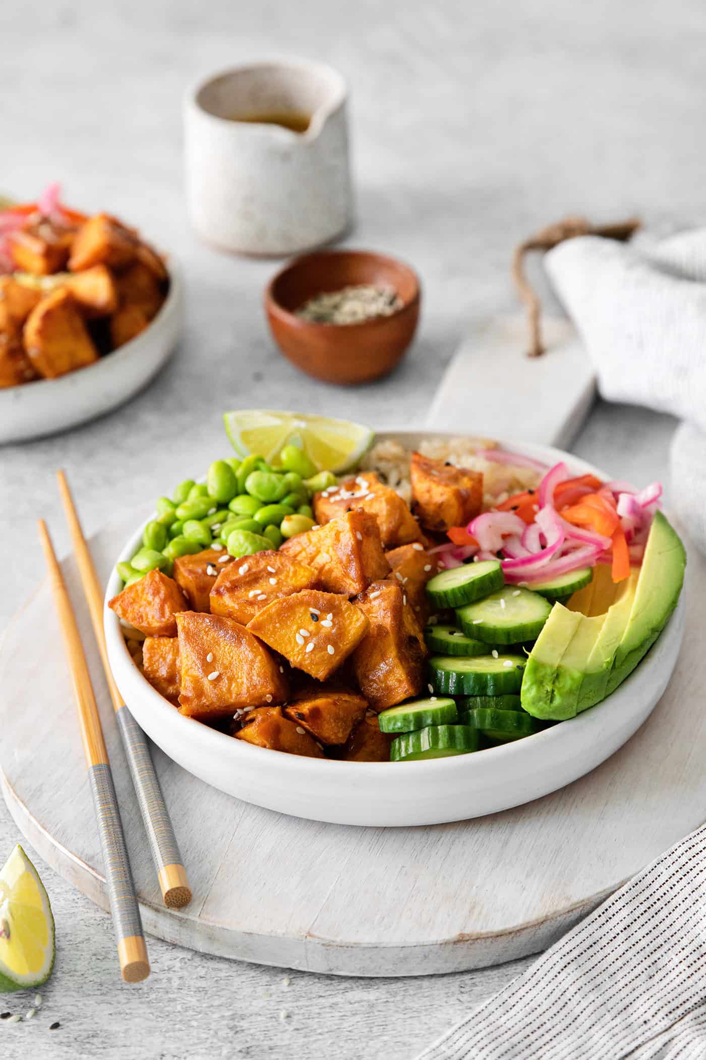 Angled view of a sweet potato bowl