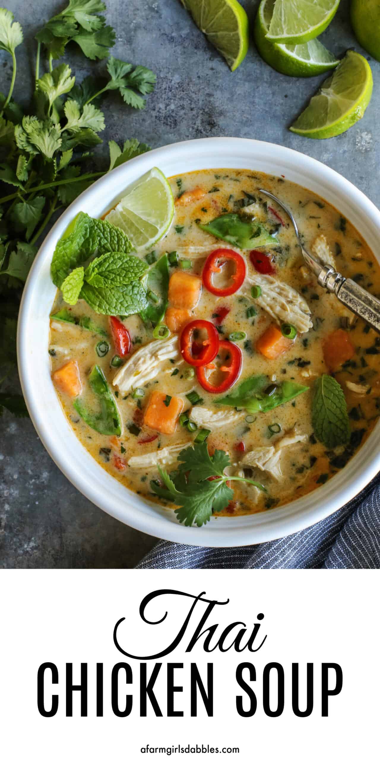 With shredded chicken, chunks of sweet potato, and creamy coconut milk, this warming Thai chicken soup comes together in under an hour! Pinterest image for Thai chicken soup
