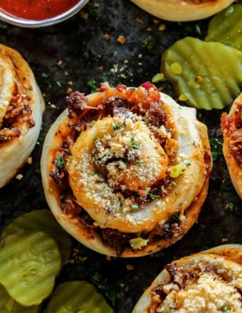 pizza rolls with hamburger, bacon, and cheese