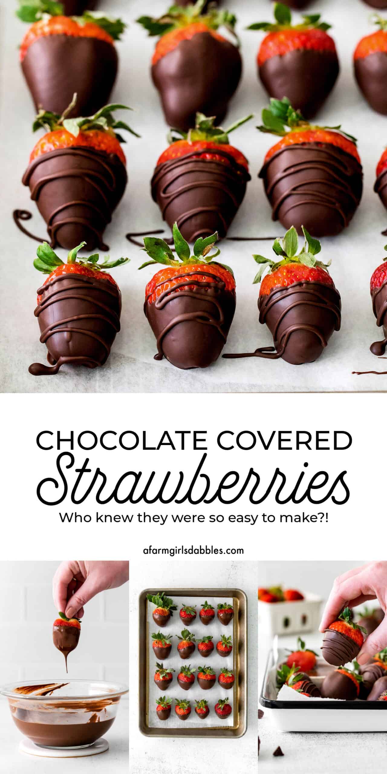 These Chocolate Covered Strawberries may look fancy and elegant, but are actually a quick and easy treat to make, with just 3 ingredients! Pinterest image for chocolate covered strawberries