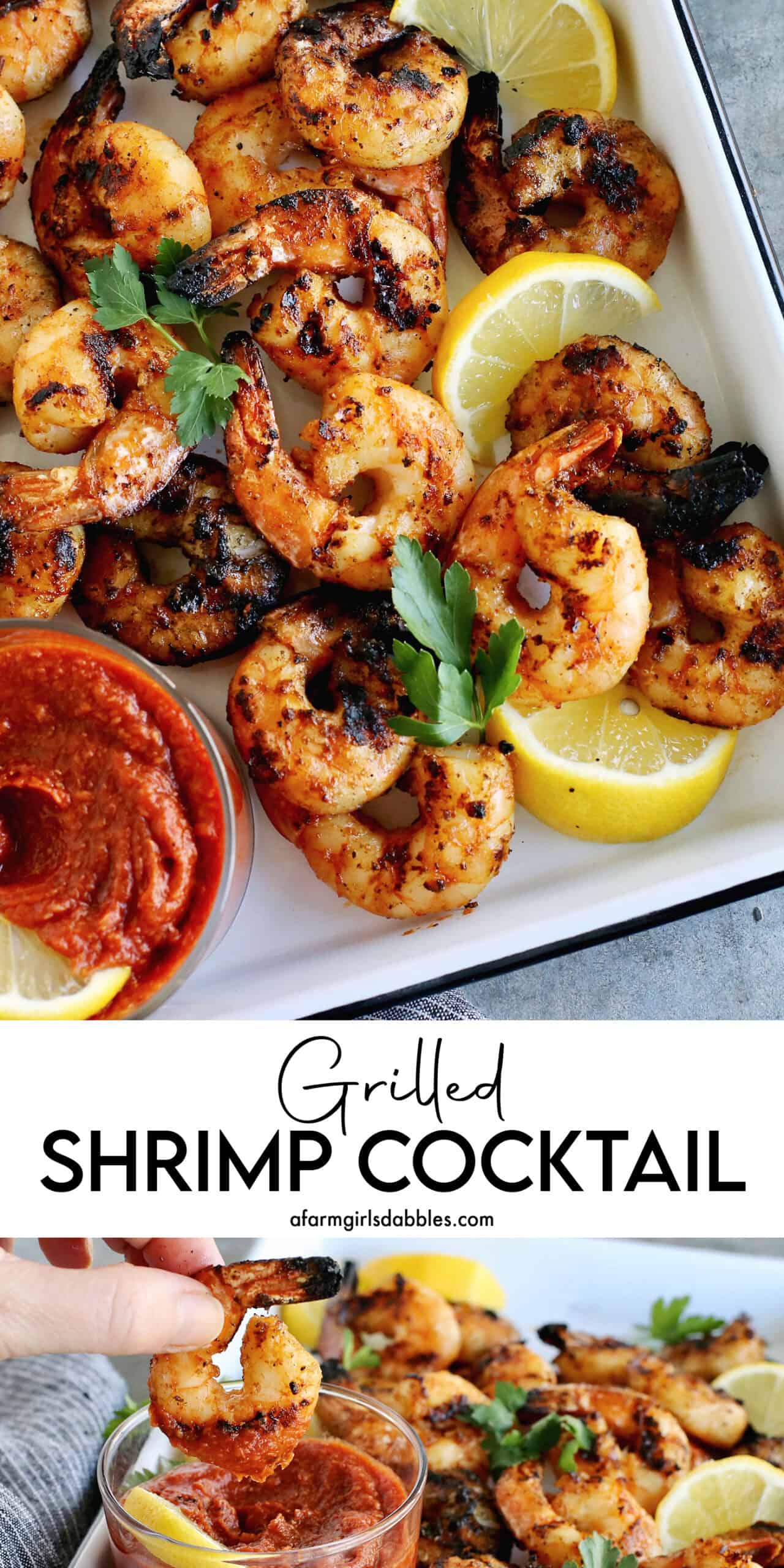 Tossed with olive oil and a few spices, this easy shrimp cocktail is perfectly flavored and grilled until just charred. So good! Pinterest image for grilled shrimp cocktail.
