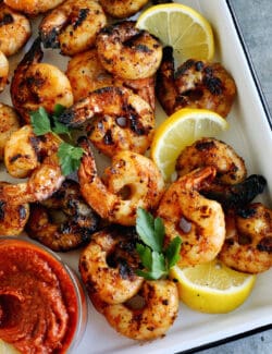 Overhead view of grilled shrimp cocktail