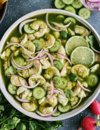 Overhead view of a big bowl of shrimp aguachile