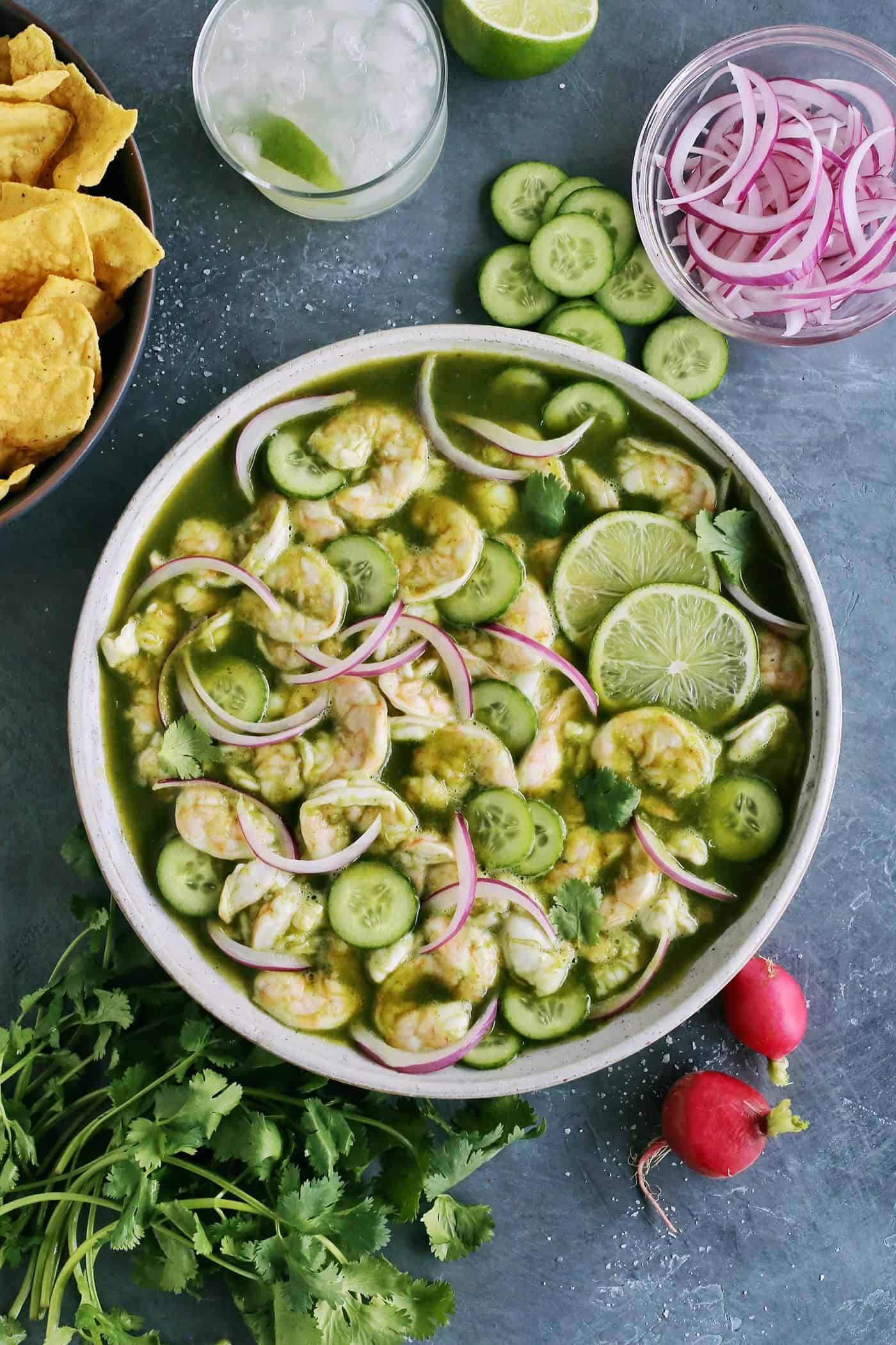With just the right amount of heat, this Easy Shrimp Aguachile features shrimp marinated in lime juice and then tossed in a spicy marinade. Overhead view of a big bowl of shrimp aguachile