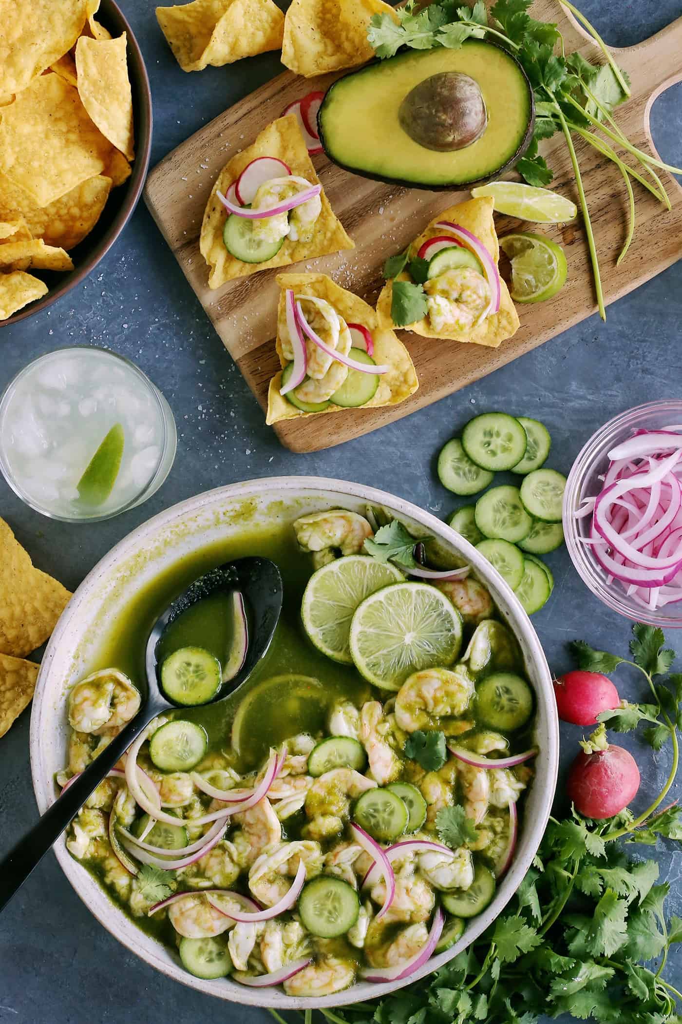 With just the right amount of heat, this Easy Shrimp Aguachile features shrimp marinated in lime juice and then tossed in a spicy marinade. Overhead view of a bowl of shrimp aguachile