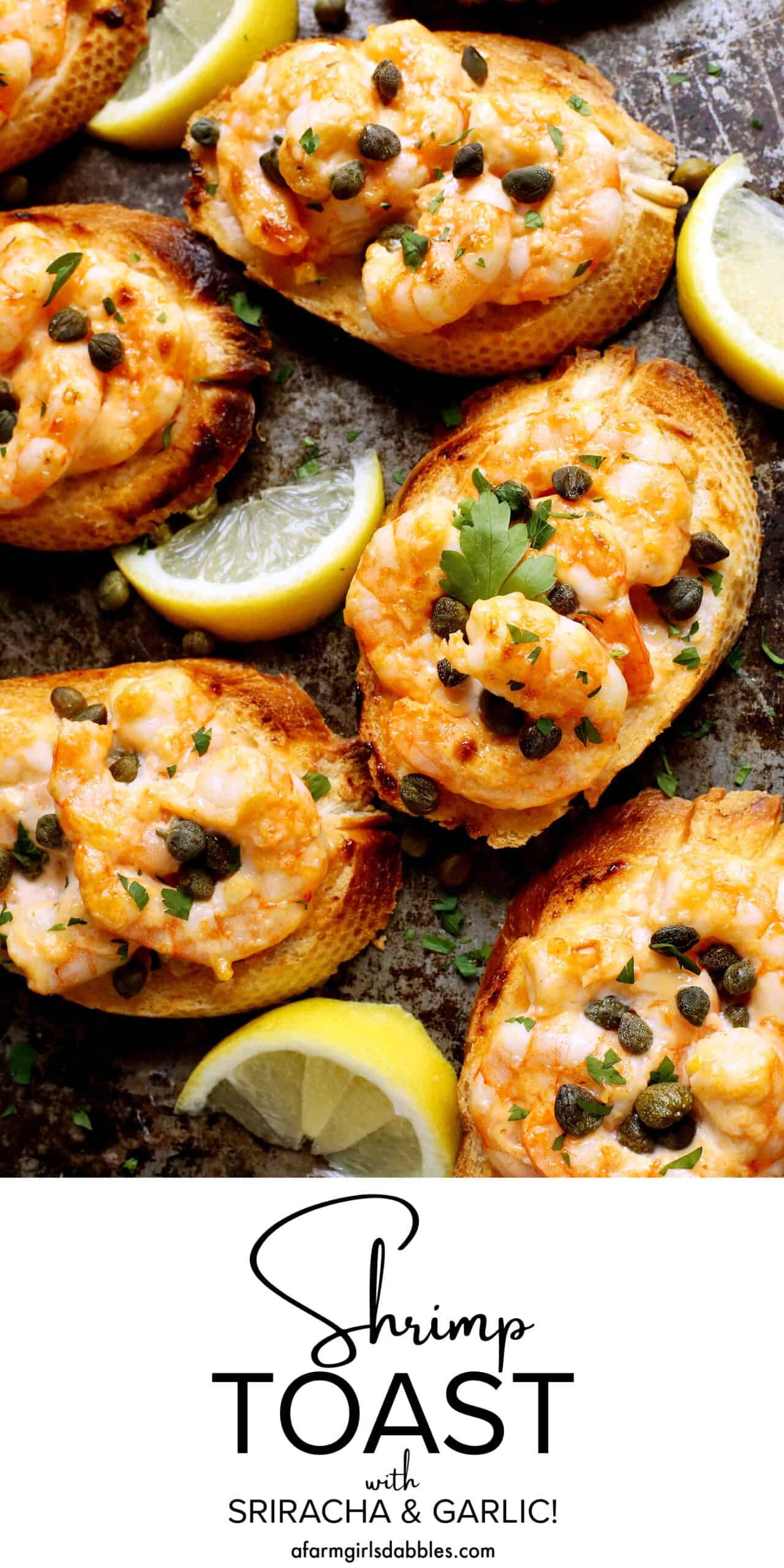 Sriracha garlic shrimp toast is made with tender shrimp, spicy sriracha mayo, and lightly crispy toast! An easy appetizer or light meal. Pinterest image for shrimp toast with sriracha and garlic.