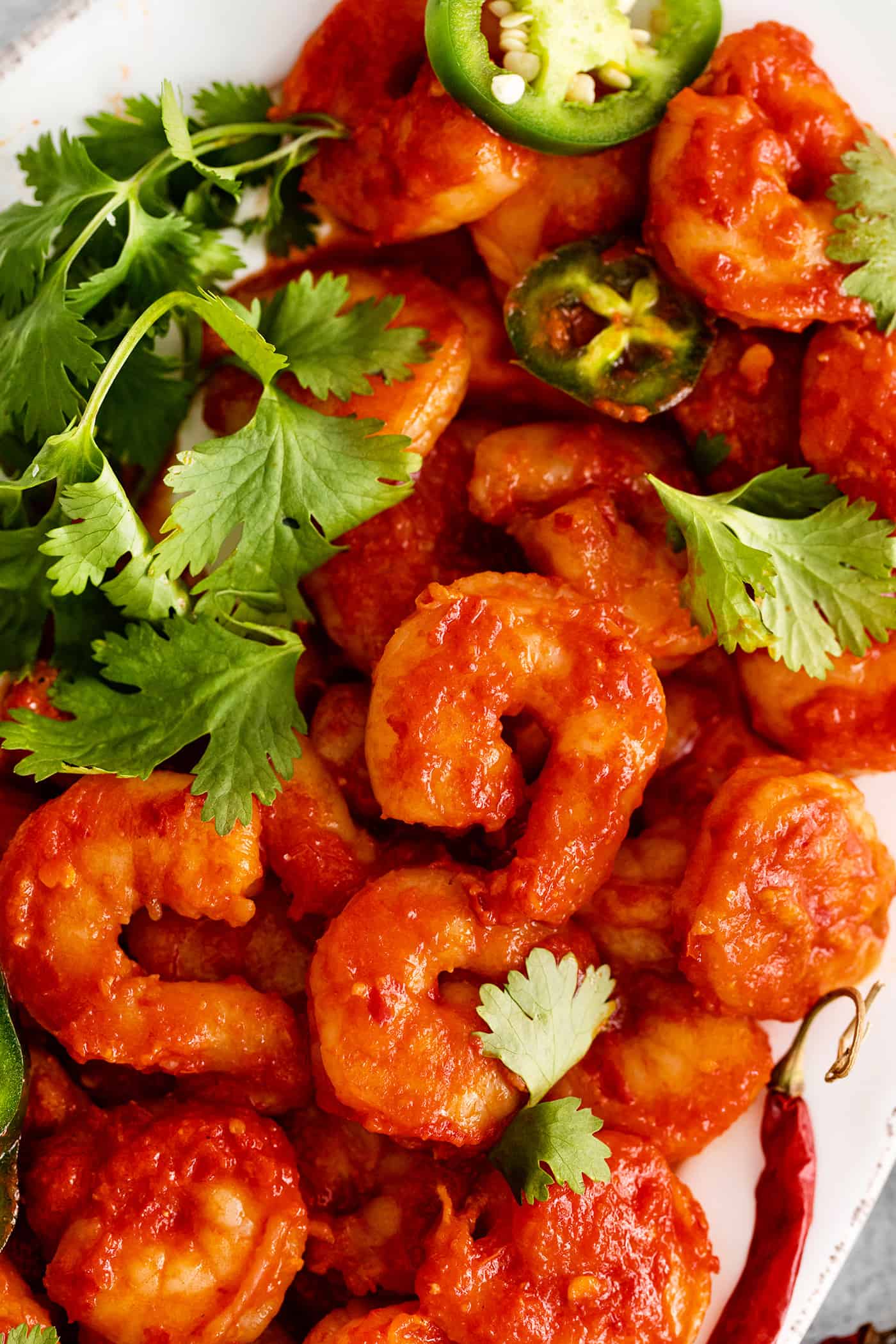 Camarones a la Diabla is a classic Mexican seafood dish that features fresh shrimp, dried chiles, and ripe tomatoes. Ready in 30 minutes! Close-up of camarones a la diabla