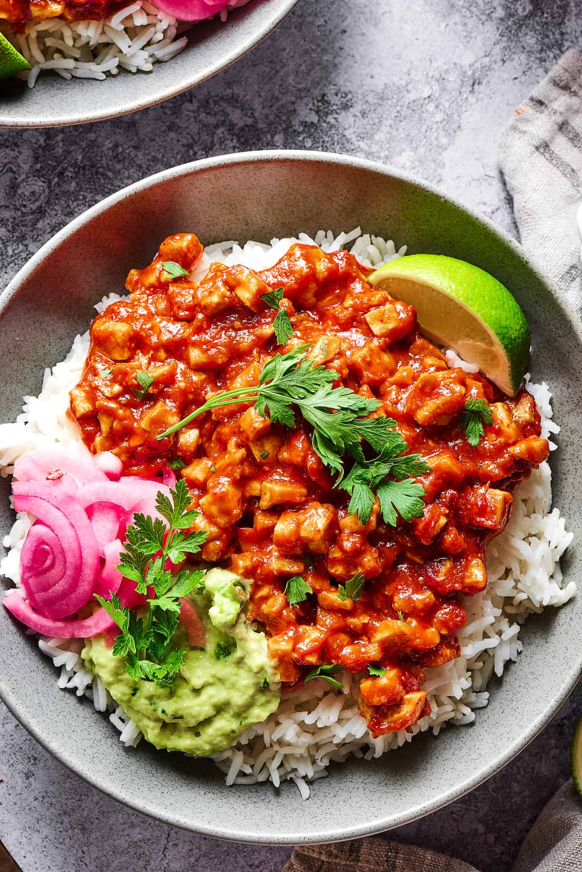 Overhead view of a Chipotle copycat sofritas rice bowl