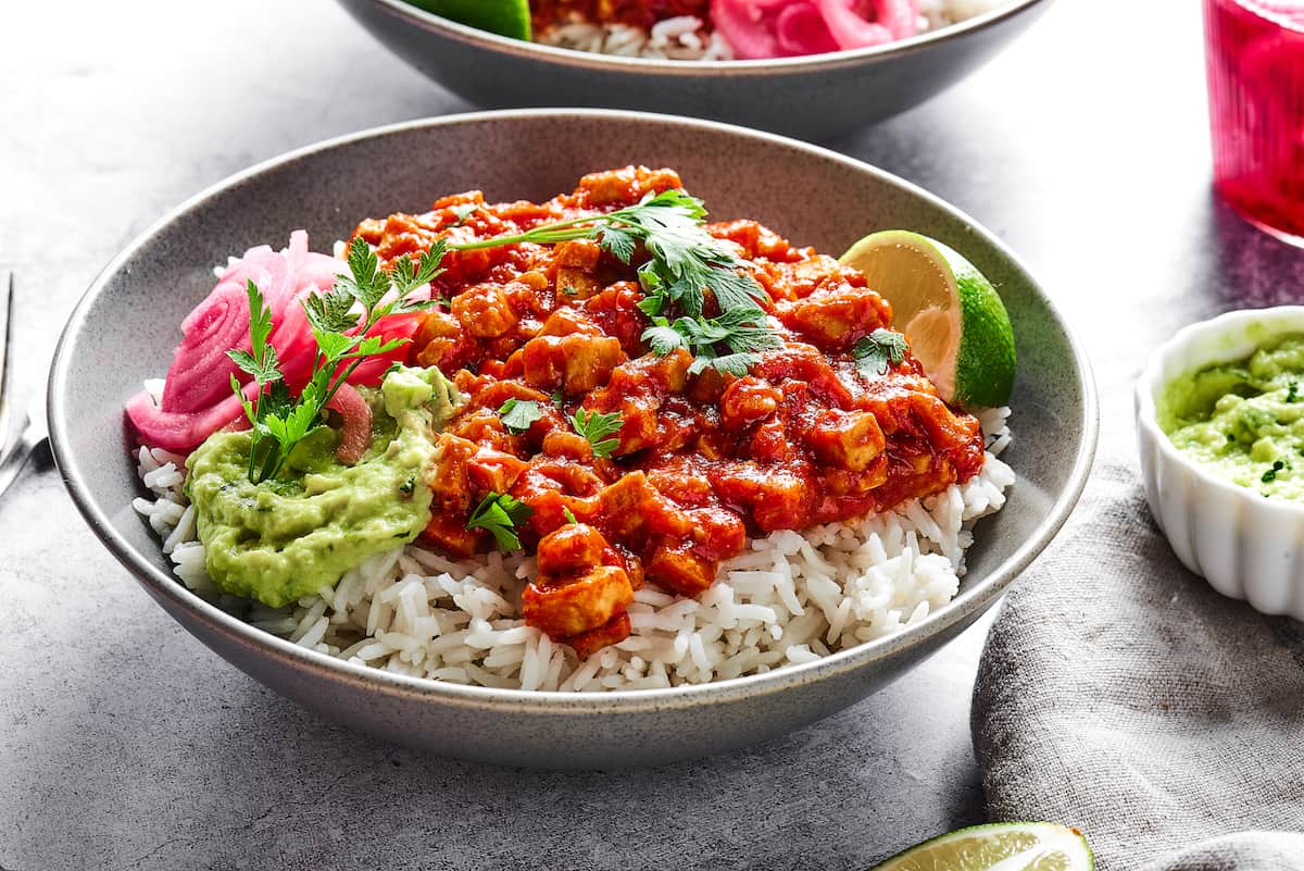 Angled view of a bowl of sofritas tofu chipotle copycat