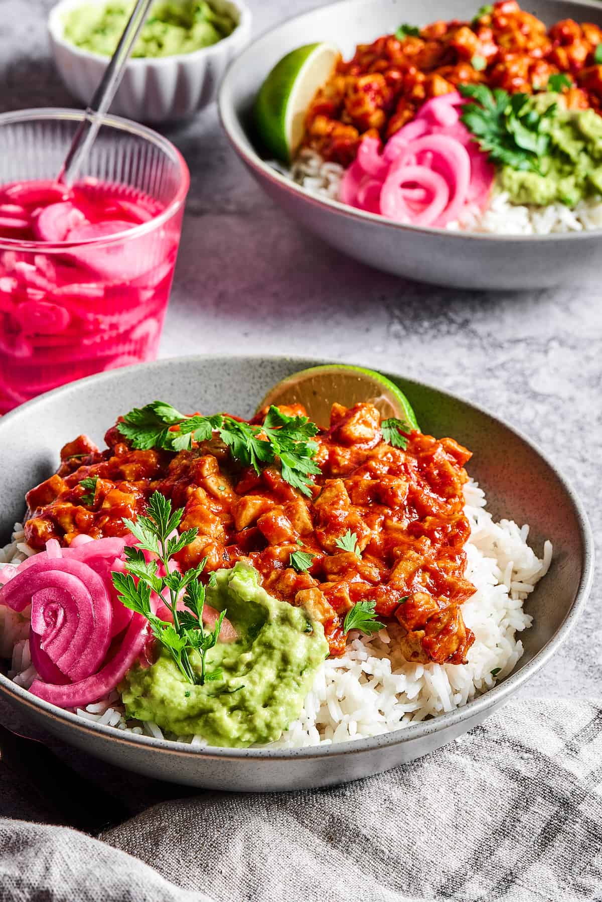 Angled view of a sofritas vegan rice bowl