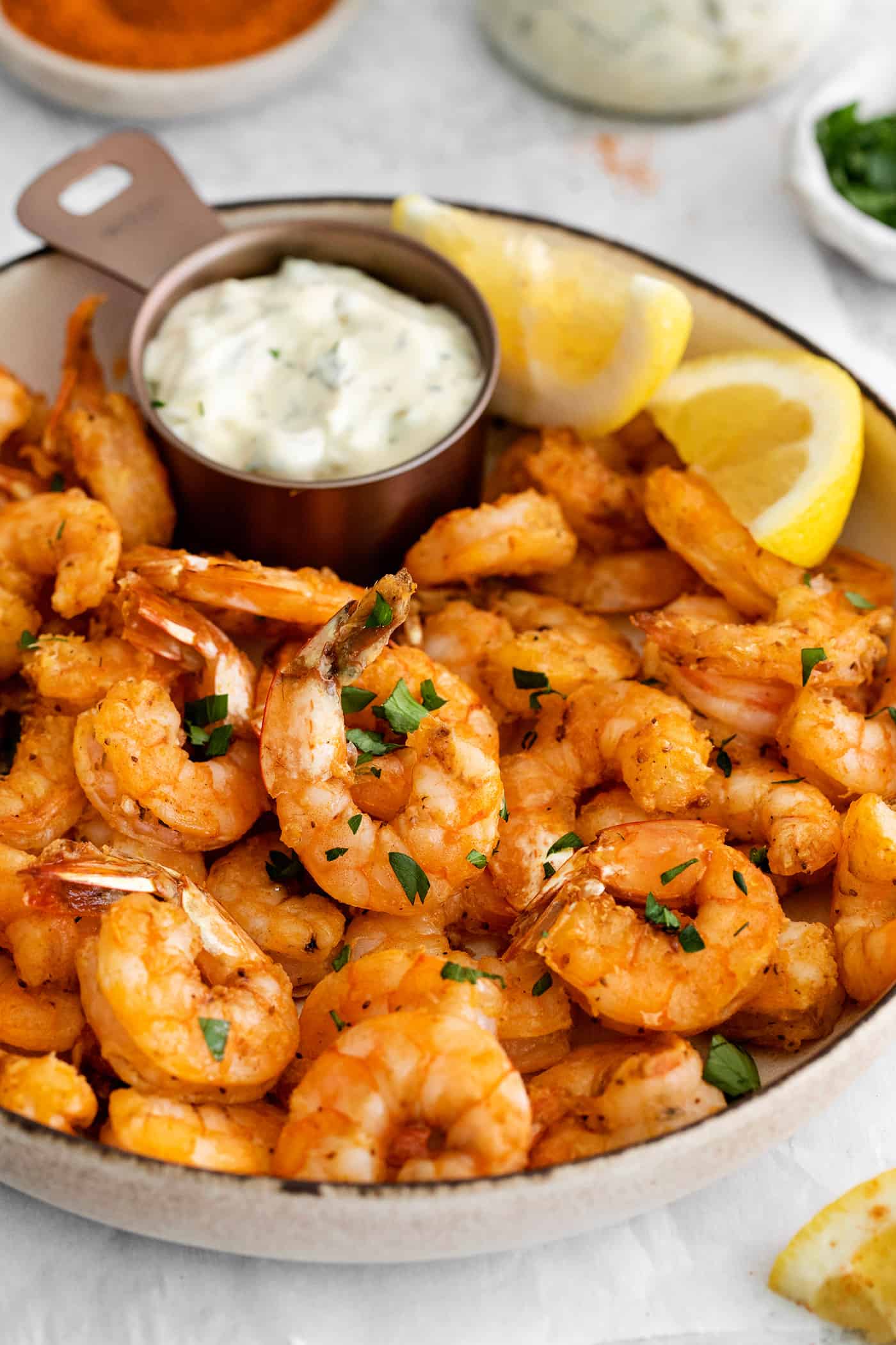 Overhead view of old bay shrimp.