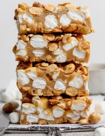 Stack of 4 salted nut roll bars with marshmallows.