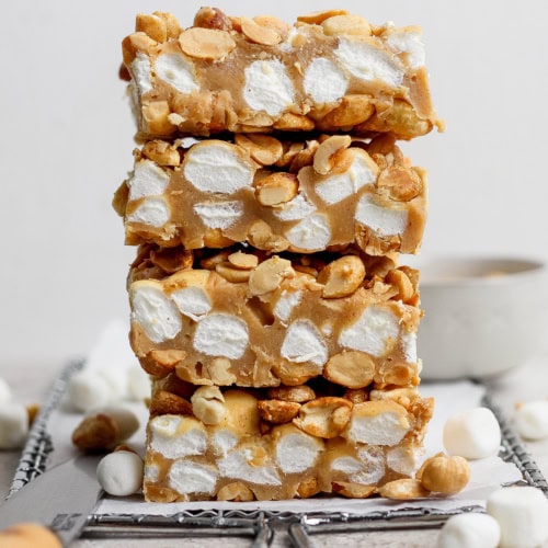 Stack of 4 salted nut roll bars with marshmallows.