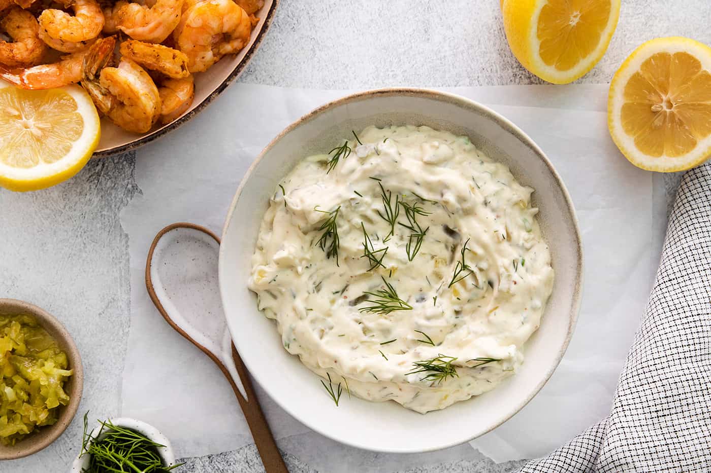 Overhead view of a small bowl of tartar sauce