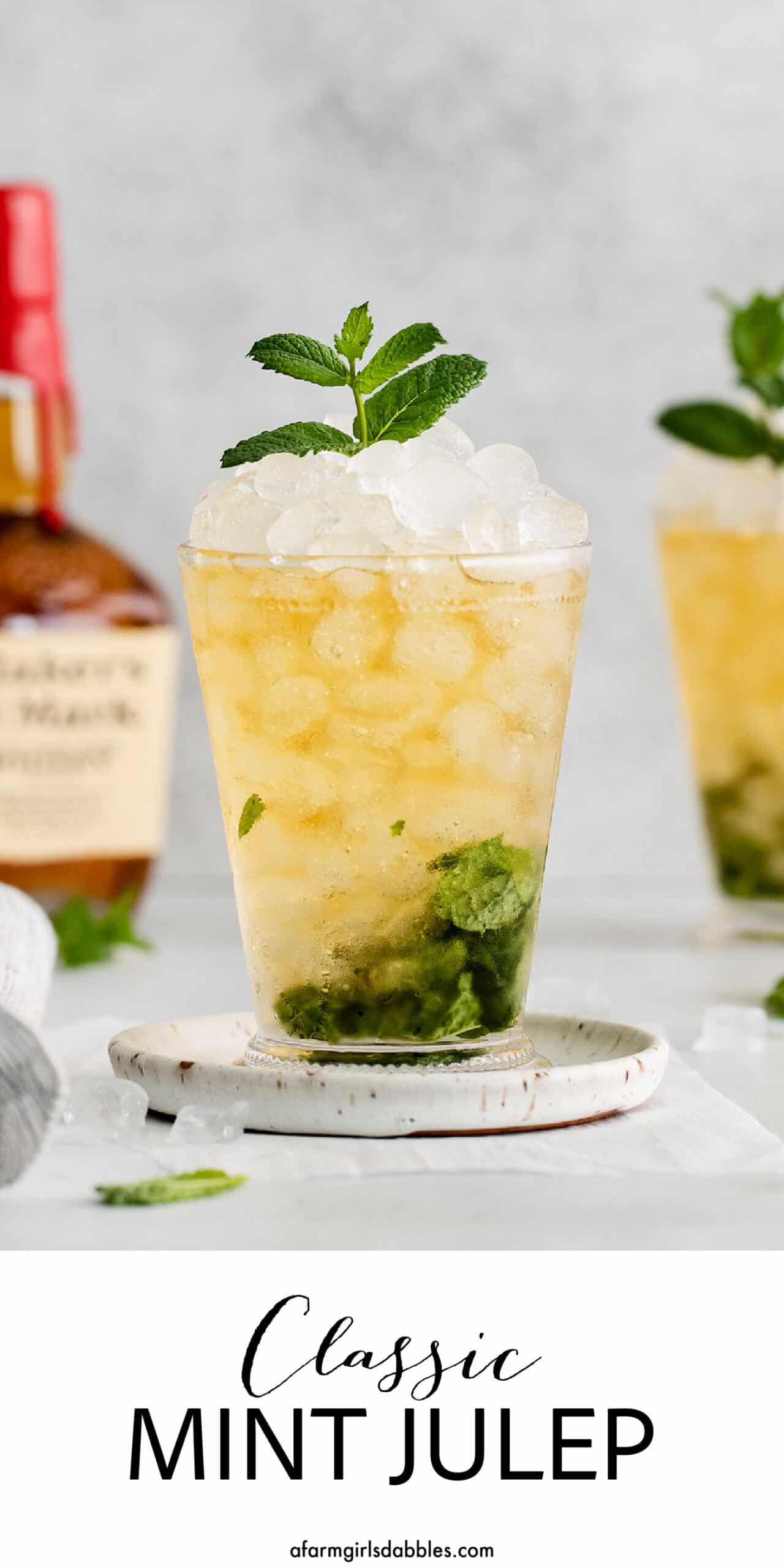 This classic Mint Julep is bright and refreshing, with fresh mint and bourbon. You only need 3 ingredients and a few minutes to make this! Pinterest image for mint julep