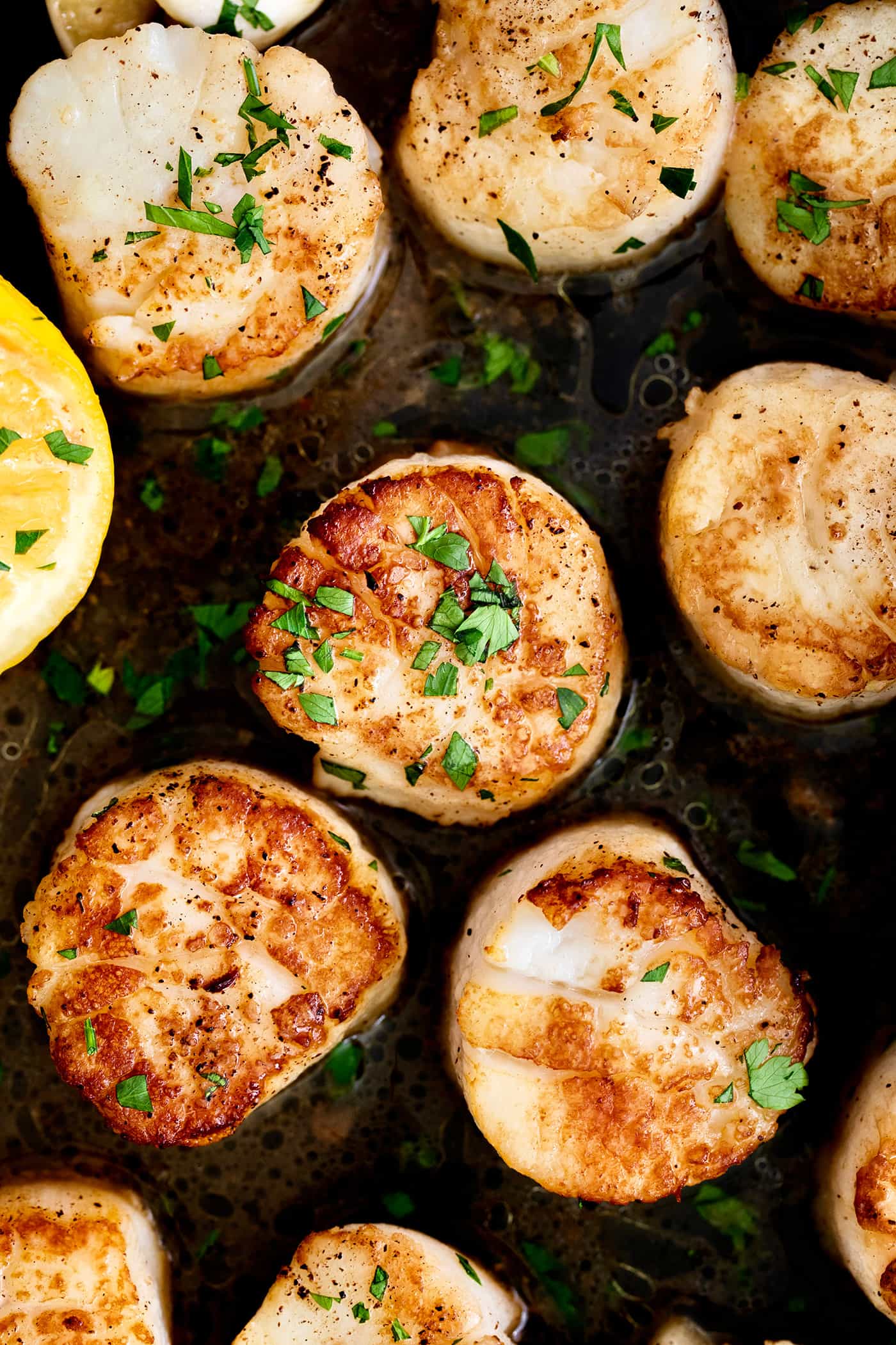 Made with a simple lemon garlic butter sauce, these Pan Seared Scallops are guaranteed to be the highlight of any dinner. Close-up of seared scallops