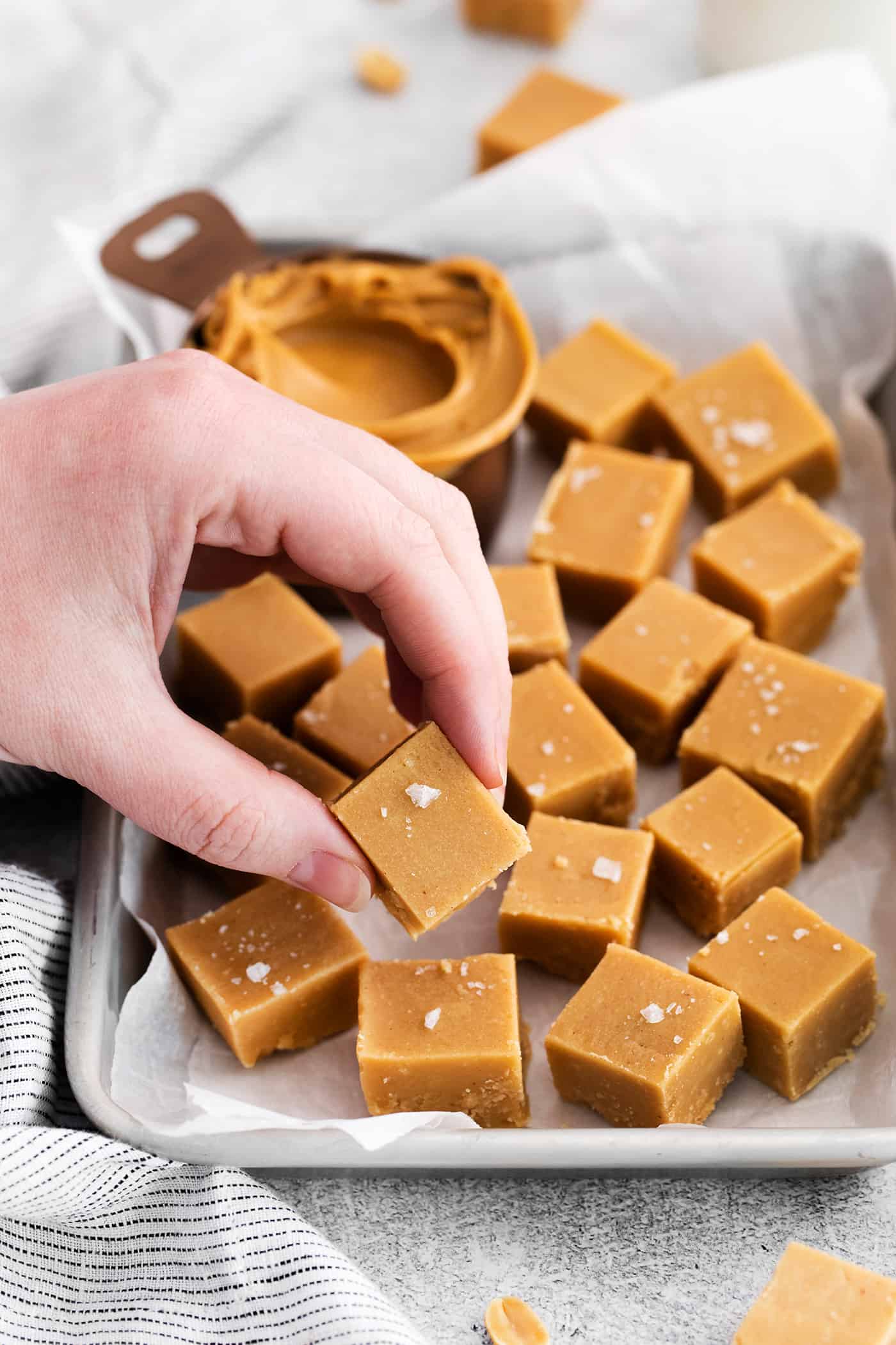 Made with 7 ingredients, this Homemade Peanut Butter Fudge is rich, creamy, and easy to make. It's the perfect fudge for the holidays! A hand holding a piece of homemade peanut butter fudge