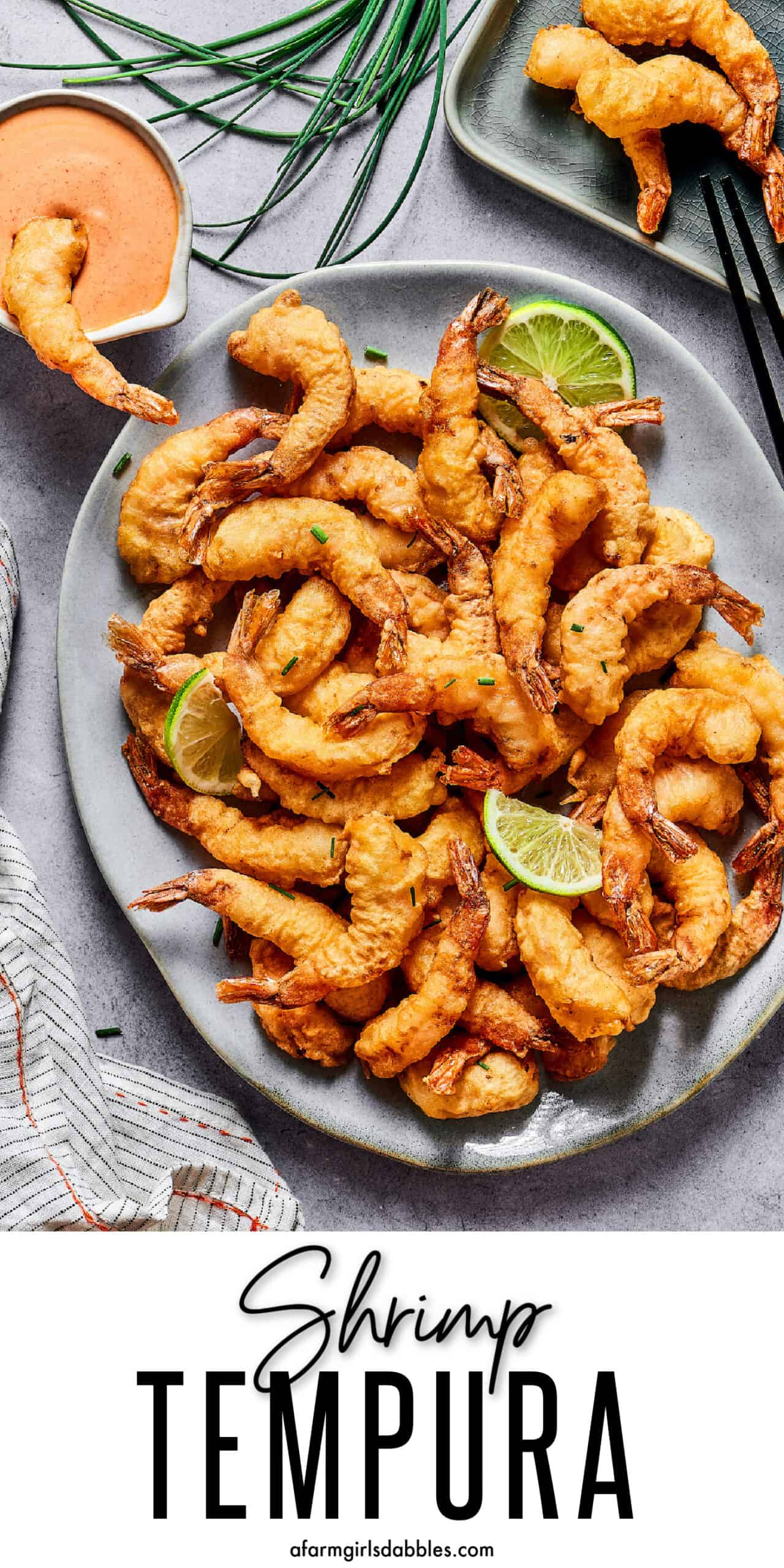 This easy shrimp tempura recipe features juicy, tender shrimp dipped in a light tempura batter. It's then deep-fried until perfectly crispy! Pinterest image for shrimp tempura