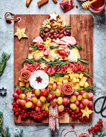 Overhead view of a Christmas tree charcuterie board