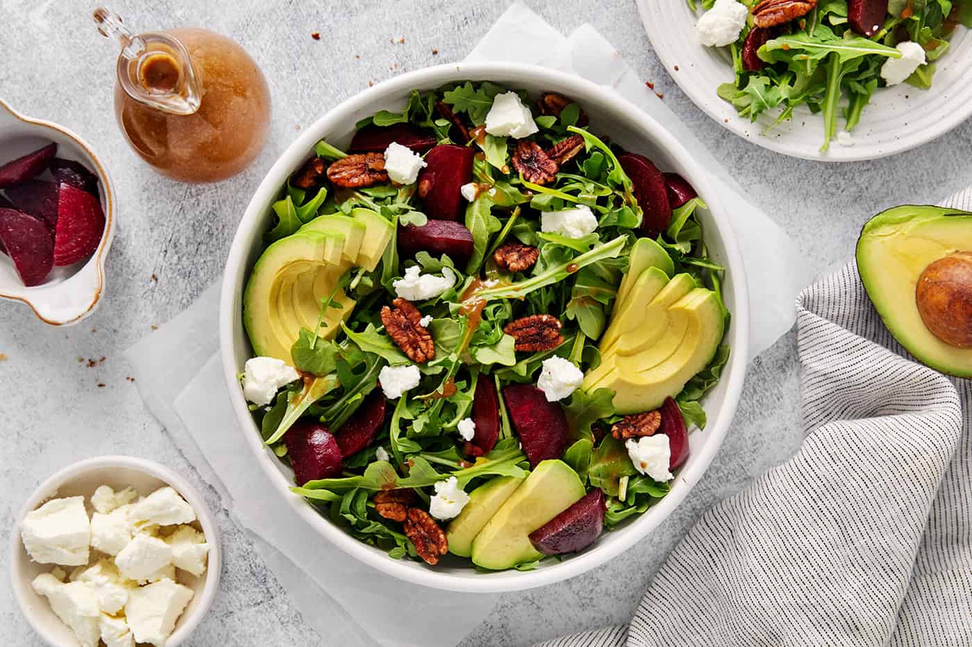Overhead view of arugula goat cheese salad