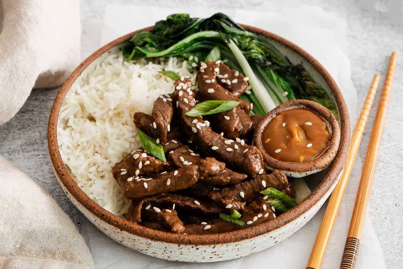 Angled view of a beef bulgogi rice bowl