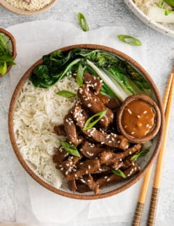 Overhead view of beef bulgogi rice bowl