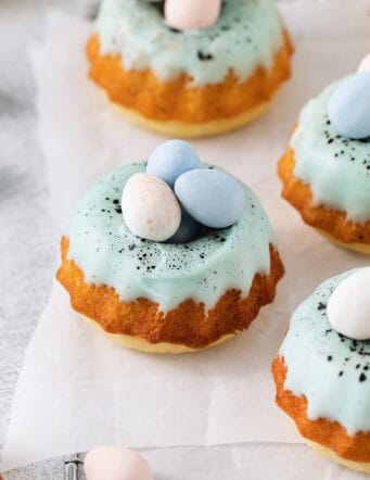 Overhead view of Robin's egg mini bundt cakes