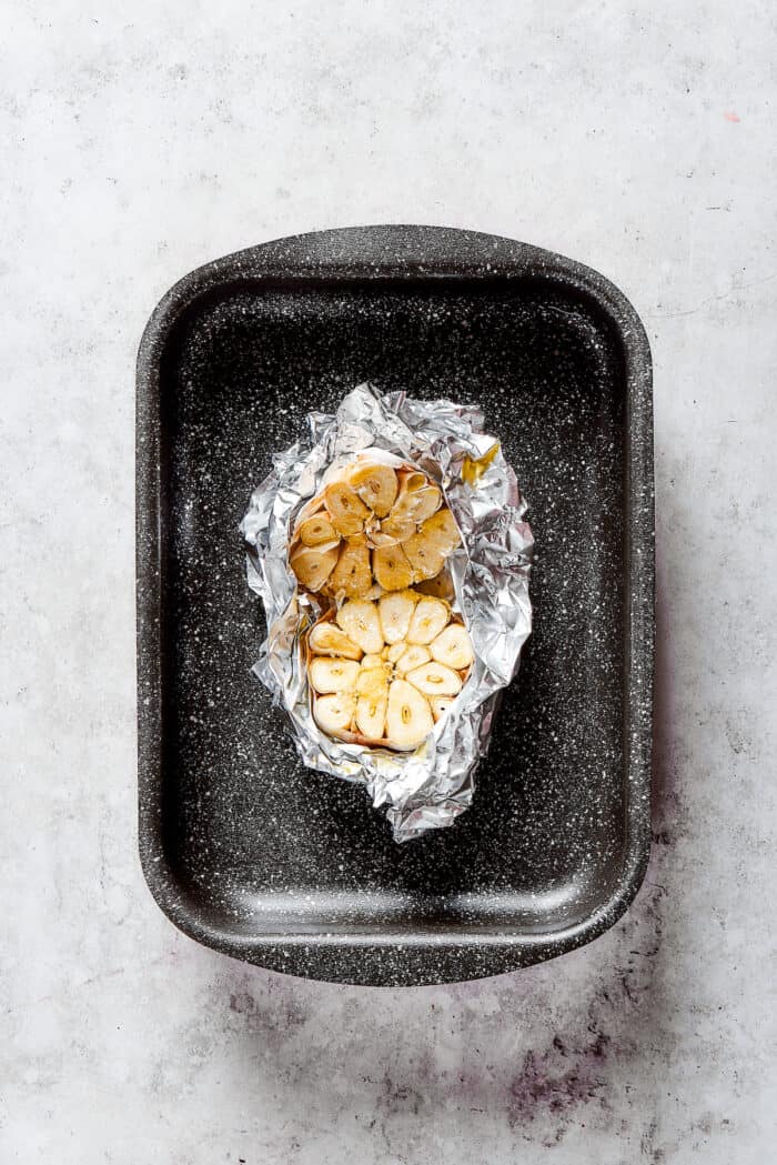 Made with thin, perfectly seasoned strips of chicken, these Chicken Fries are perfect dipped in this tangy roasted garlic aioli. Heads of garlic wrapped in foil