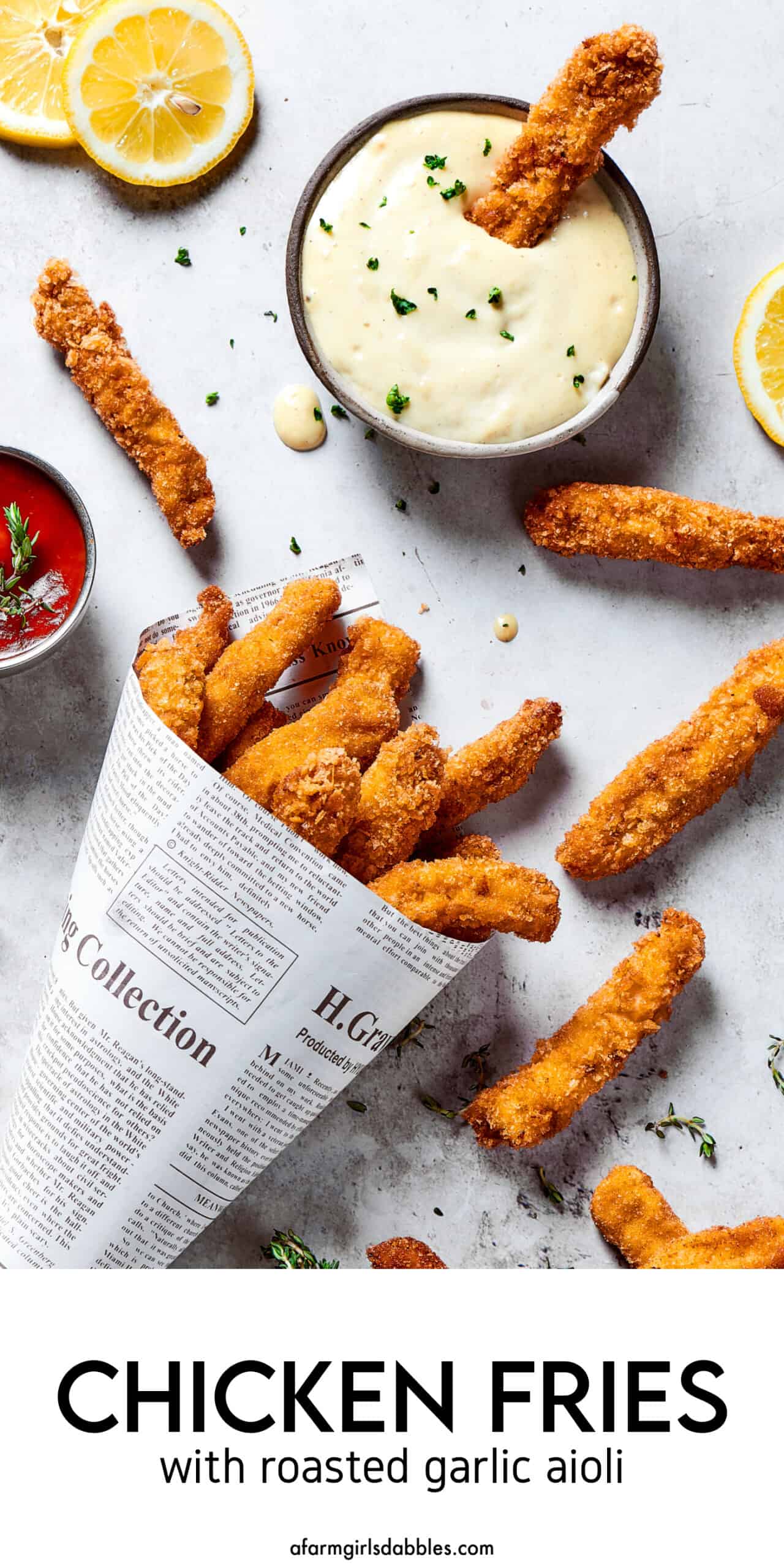These Chicken Fries feature thin, tender strips of chicken breast with a flavorful, crispy exterior, plus roasted garlic aioli for dipping! Pinterest image for chicken fries