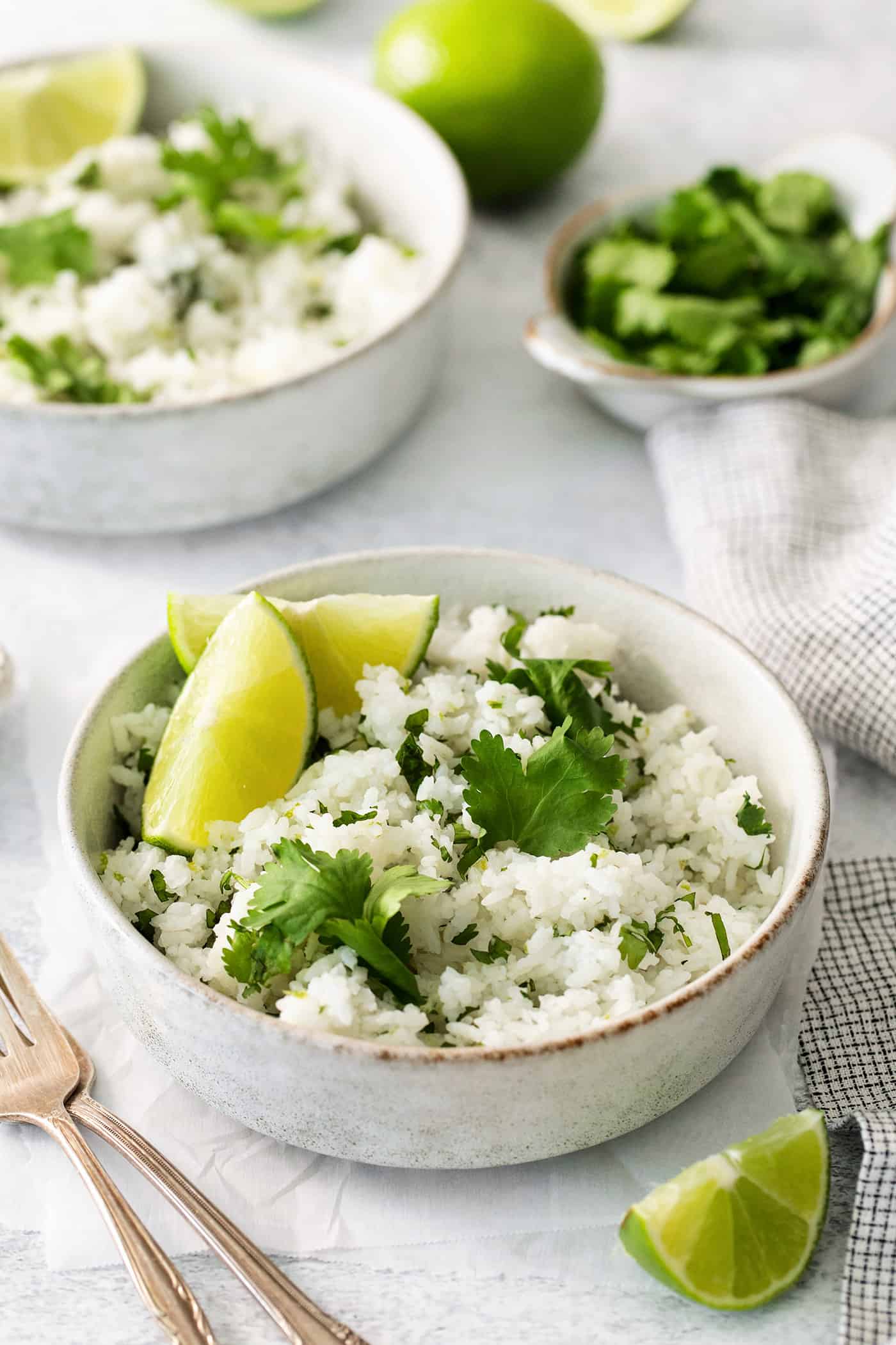 Cilantro Lime Rice is the perfect base or side for so many recipes. The rice is perfectly cooked and seasoned with hints of lime & cilantro. Angled view of a bowl of lime rice