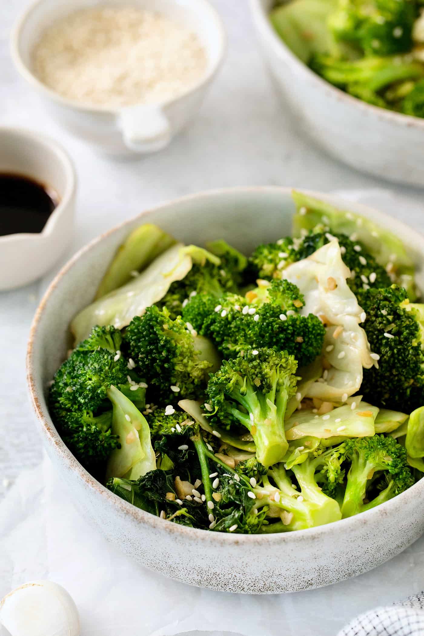 Panda Express Super Greens are a fresh, bright, feel-good side dish made with broccoli, cabbage, and kale in a light garlic-ginger soy sauce. A bowl of Panda Express steamed vegetables