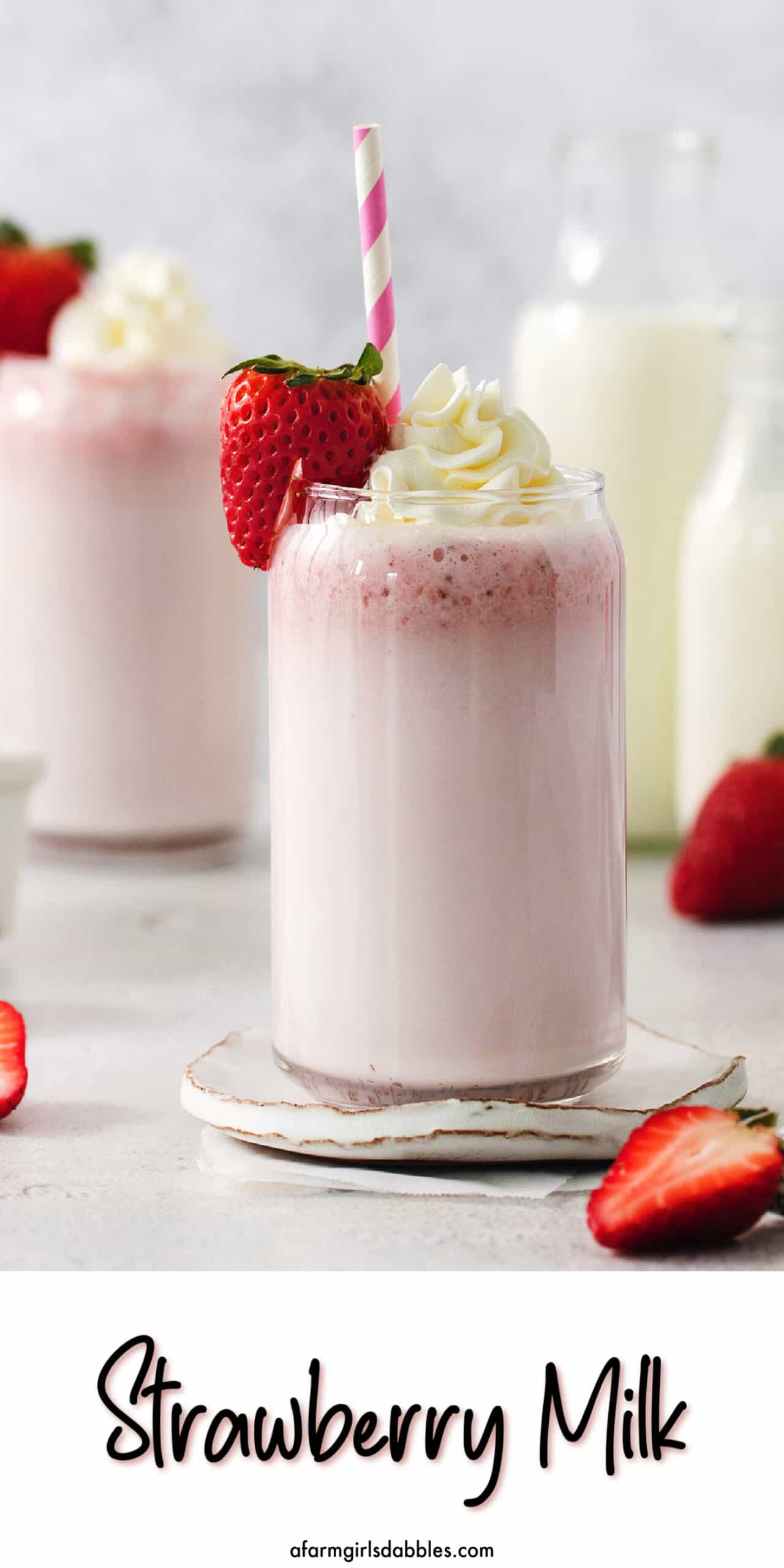 Creamy, refreshing, and full of fresh strawberry flavor, this Strawberry Milk recipe is quick and easy to make with only 4 ingredients! Pinterest image for strawberry milk