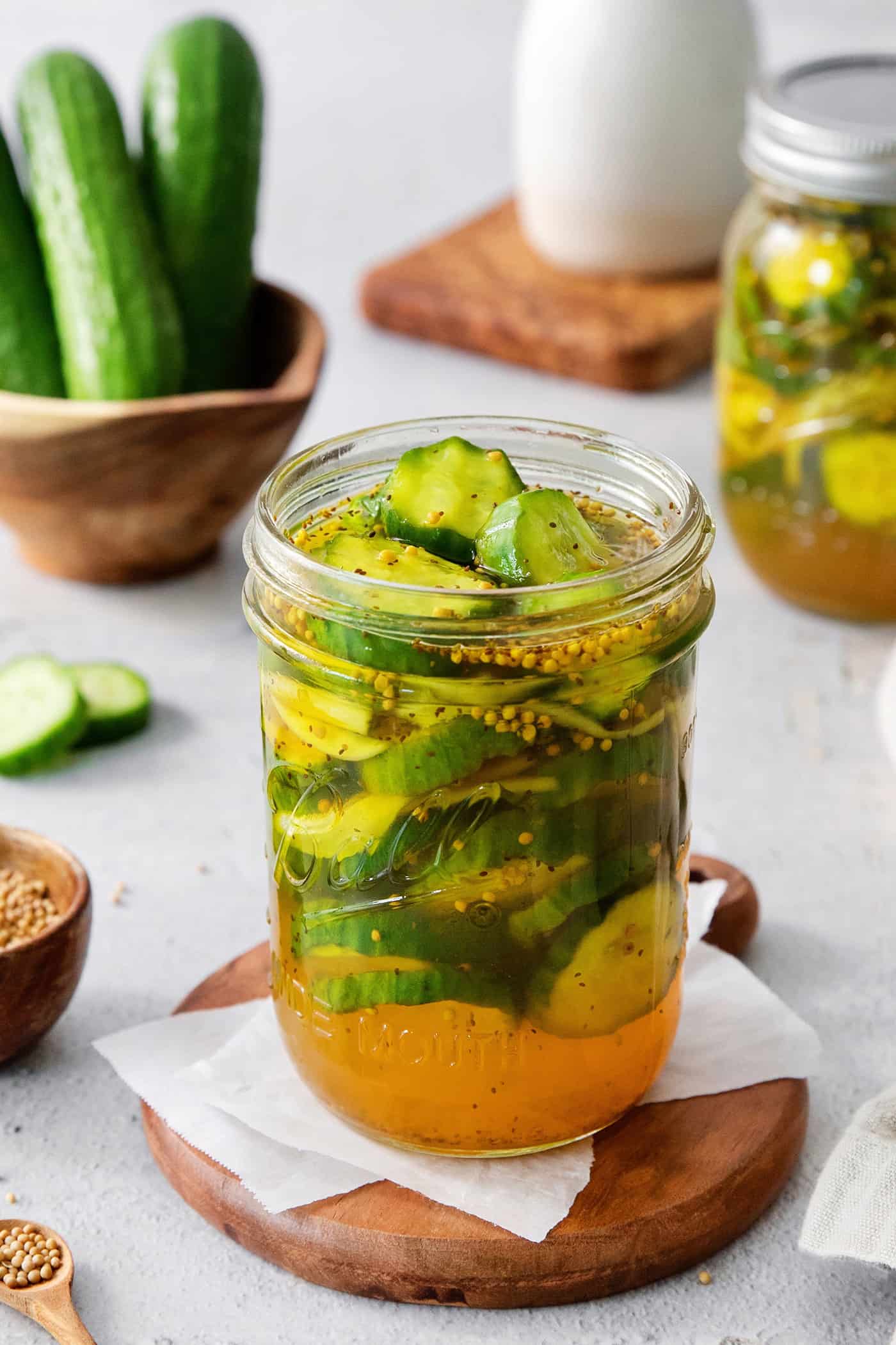 A jar of bread and butter pickles.
