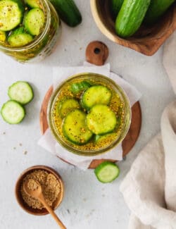 Overhead shot of bread and butter pickles.