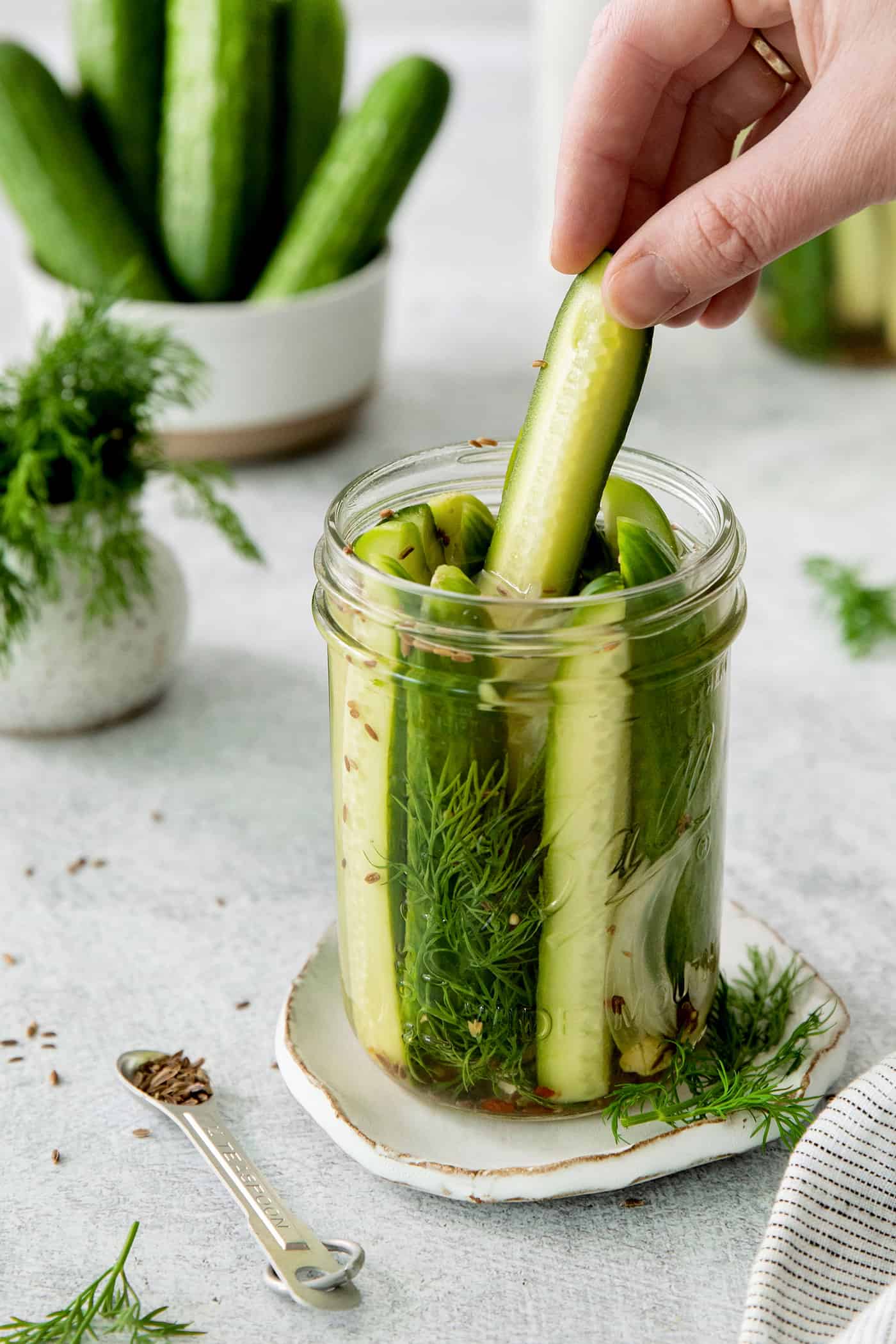 These Refrigerator Dill Pickles require no canning or special equipment, just cucumbers and a simple pickling brine. An easy side or snack! A hand pulling a dill pickle spear from a jar