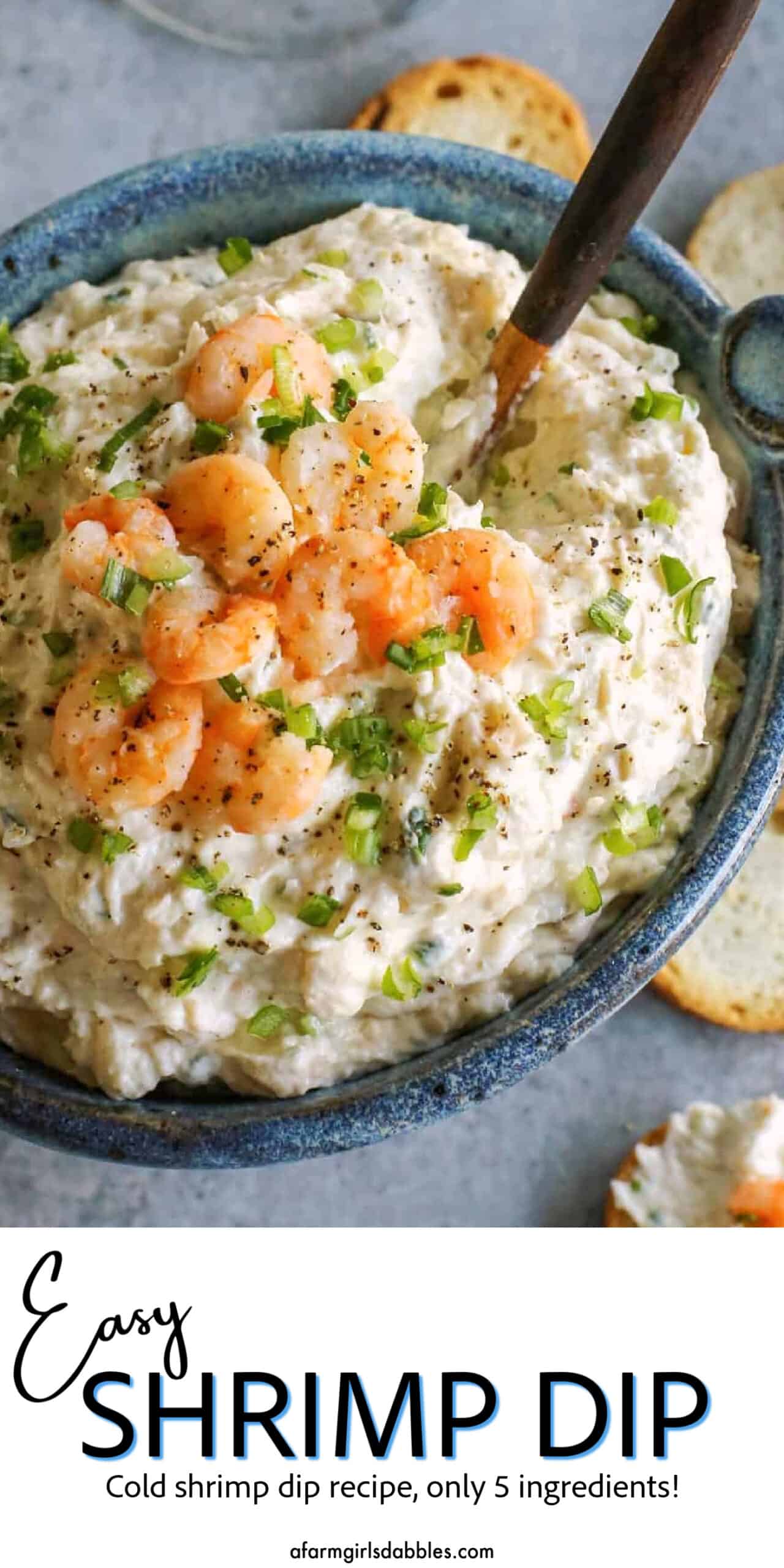 This shrimp dip recipe is an easy appetizer, made with just a few ingredients. It's thick and creamy, and full of tender, juicy shrimp! Pinterest image for shrimp dip.