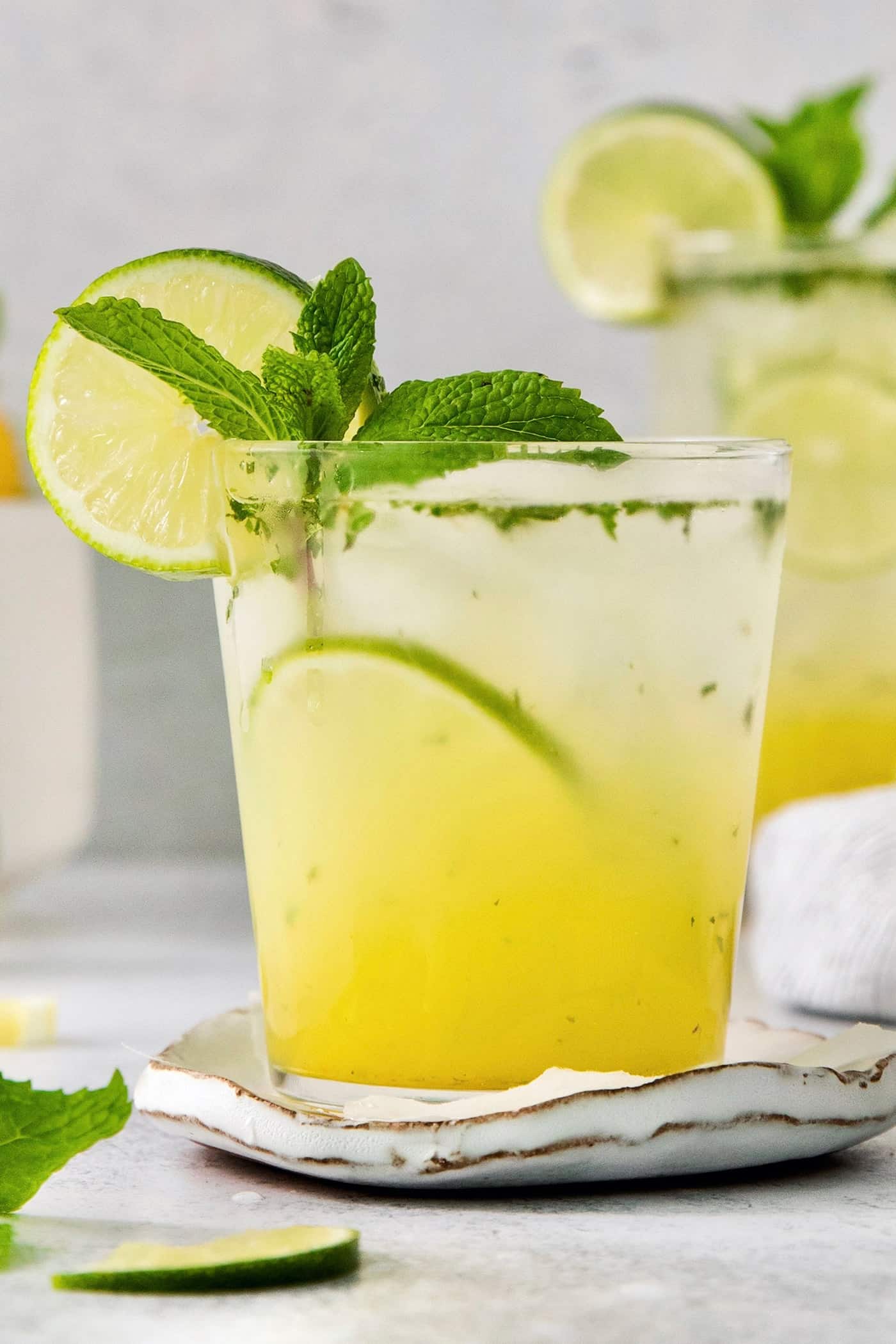 Try a Bootleg Cocktail for a citrus-infused treat of a cocktail! Lemon, lime, and orange juice combine with vodka and mint. A close up of a bootleg cocktail in a glass garnished with mint leaves and lime.