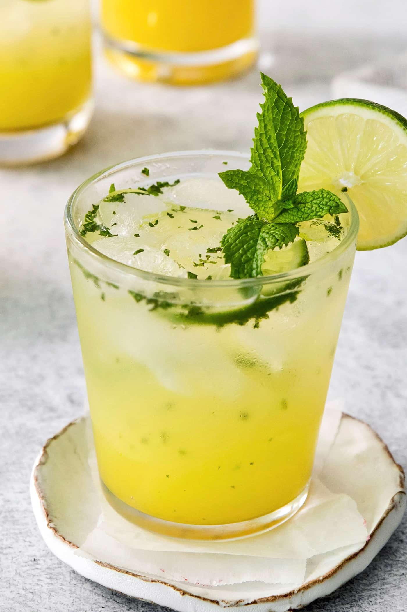 Try a Bootleg Cocktail for a citrus-infused treat of a cocktail! Lemon, lime, and orange juice combine with vodka and mint. A close up of a bootleg cocktail in a glass garnished with mint leaves and lime.