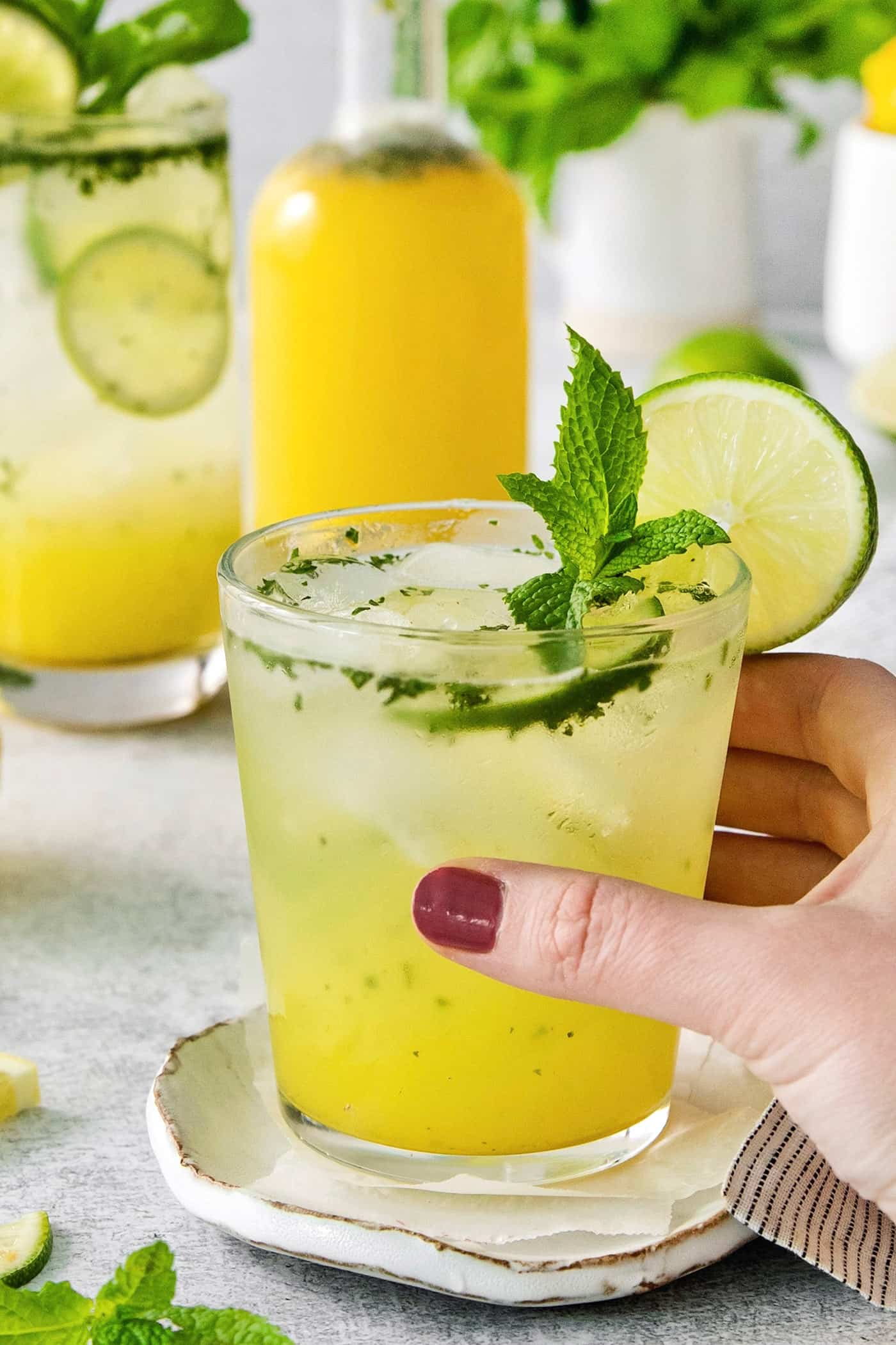 Try a Bootleg Cocktail for a citrus-infused treat of a cocktail! Lemon, lime, and orange juice combine with vodka and mint. A hand holds a bootleg cocktail.