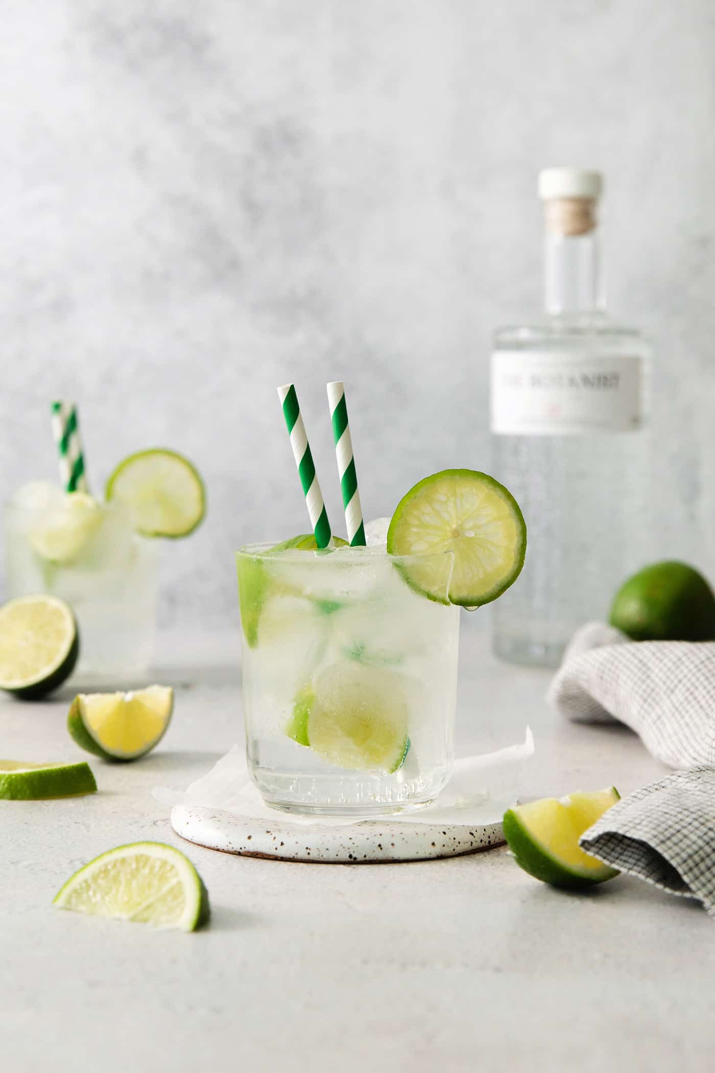 A Classic Gin and Tonic is a must to master. This recipe is for a super simple, super refreshing, and always-in-style cocktail. A glass of gin and tonic with two straws and lime circles.