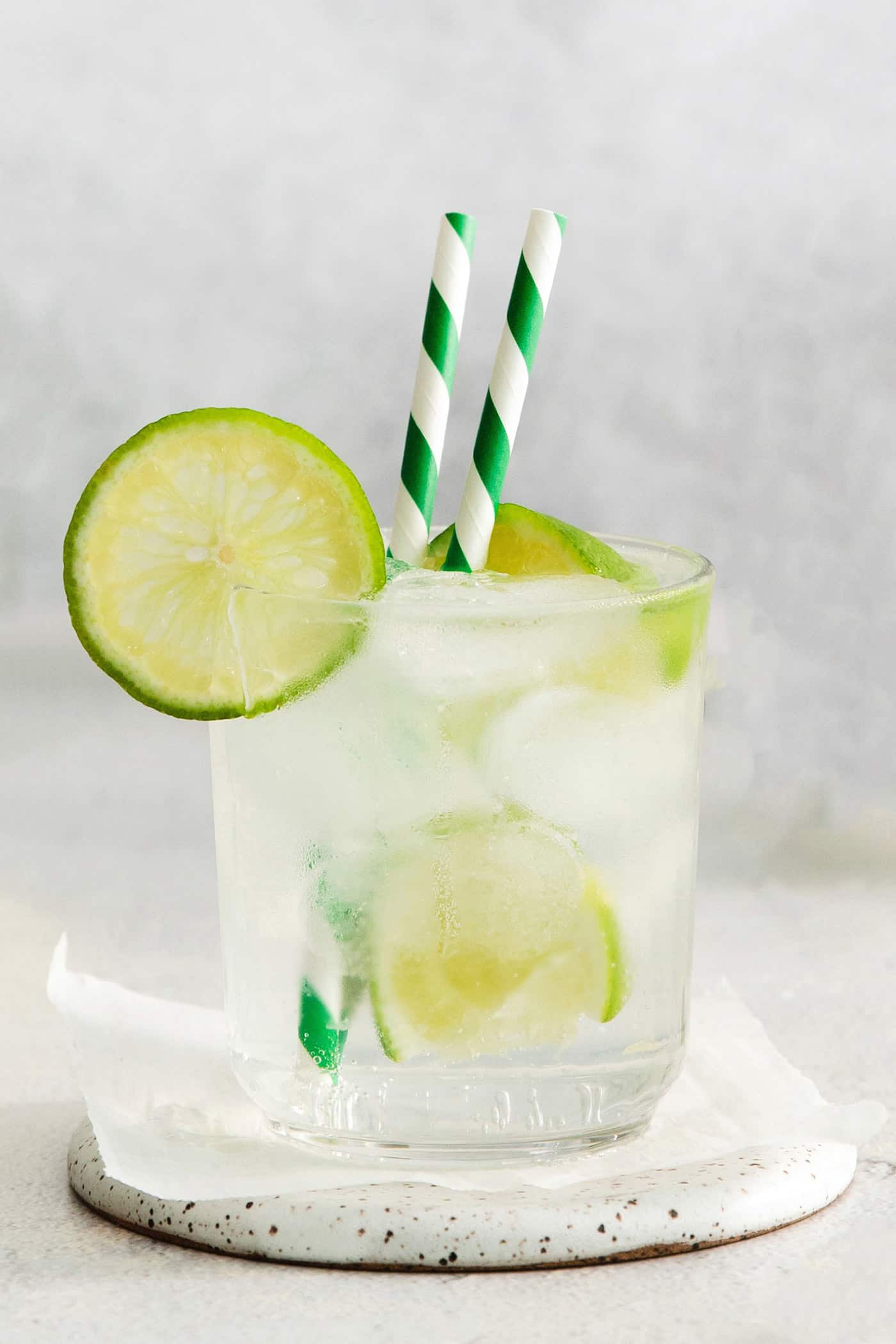 A Classic Gin and Tonic is a must to master. This recipe is for a super simple, super refreshing, and always-in-style cocktail. A glass of gin and tonic with two straws and lime circles.
