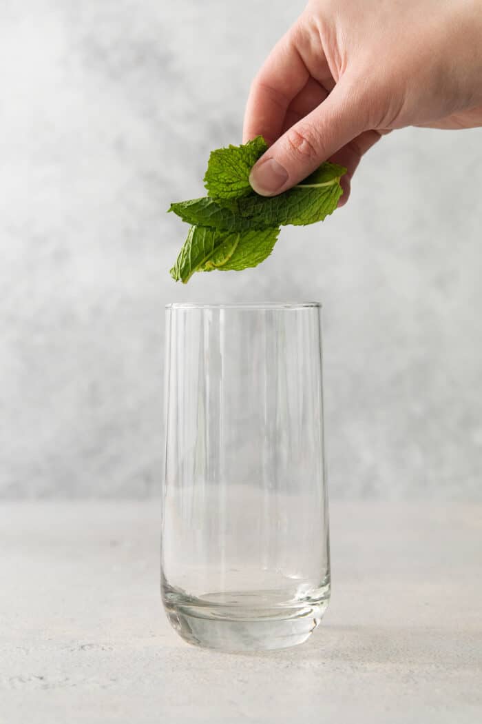 A Cucumber Mojito takes your classic mojito recipe and adds orange liqueur and cucumber slices for a refreshing twist on a minty favorite. A hand places mint leaves in a glass.