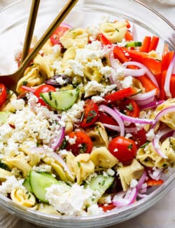 A close up of Greek tortellini salad.
