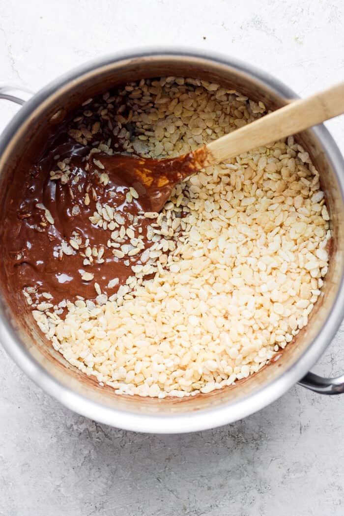 Chocolate Rice Krispie Treats have a chewy, fudge-like texture and are full of rich chocolate and sweet marshmallow flavor. Rice krispies are added to the melted mixture.