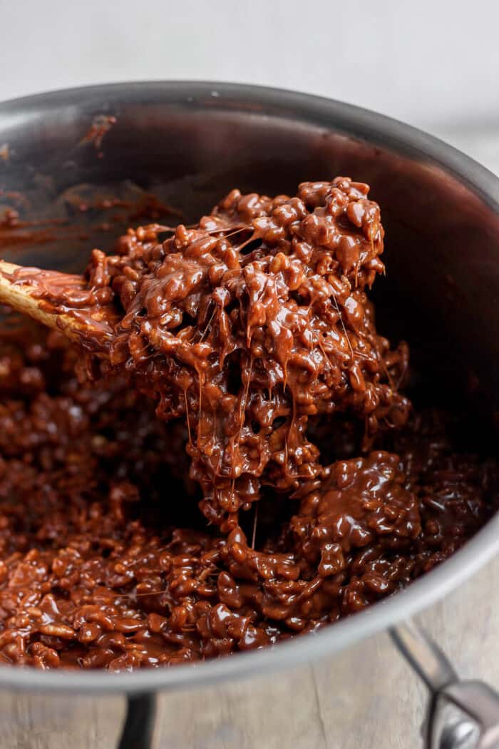 Chocolate Rice Krispie Treats have a chewy, fudge-like texture and are full of rich chocolate and sweet marshmallow flavor. A spoon lifts out a scoop of chocolate-coated rice krispies.