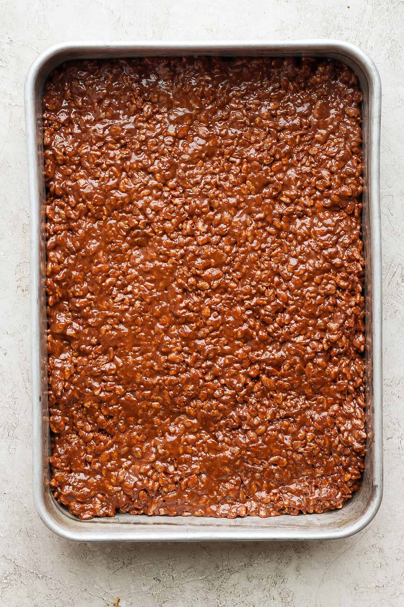 Chocolate Rice Krispie Treats have a chewy, fudge-like texture and are full of rich chocolate and sweet marshmallow flavor. A pan of chocolate rice krispie treats.