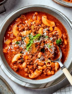 pasta fazool, with pasta and ground beef, in a bowl