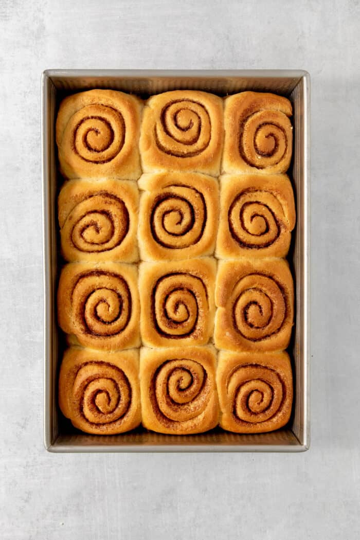Sweet and pillowy Caramel Rolls make any morning special! Yeast dough and homemade caramel sauce make the ultimate breakfast treat. A rectangular baking dish holds 12 baked caramel rolls so that you can see the cinnamon inside.