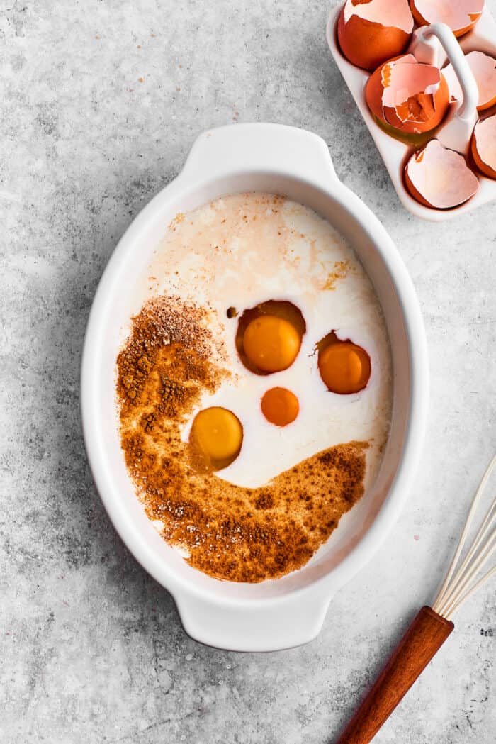 Bananas Foster French Toast features rich and tender slices of egg-soaked sweet bread that are topped with rum-spiked caramelized bananas. Eggs, milk, cream, and spices are added to a casserole dish for bananas foster French toast.